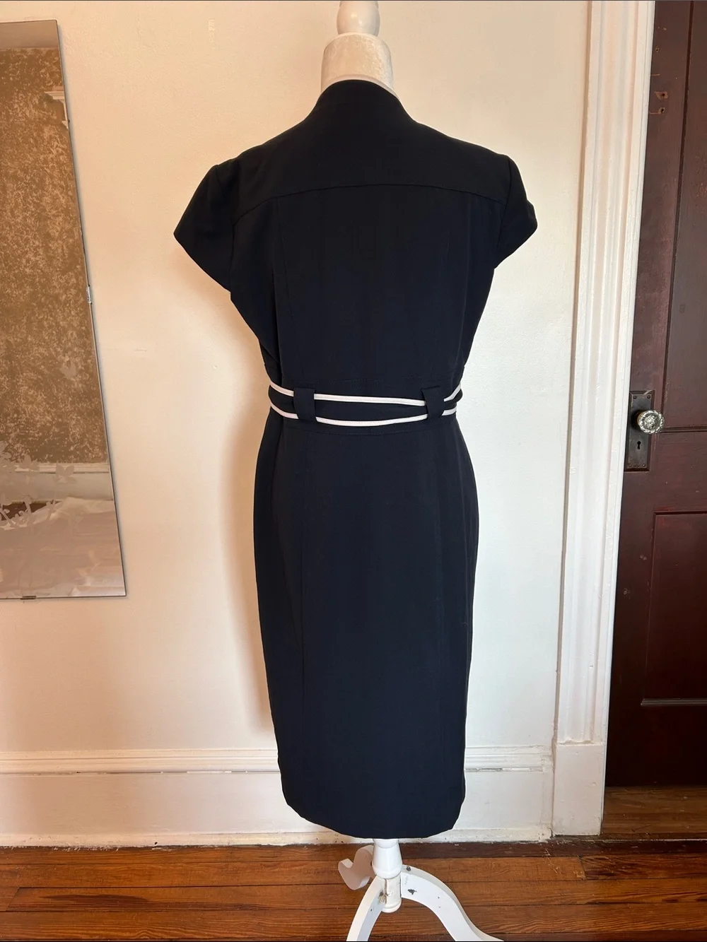 Sold Sandra Darren Black Midi Dress with White Trim and Belt